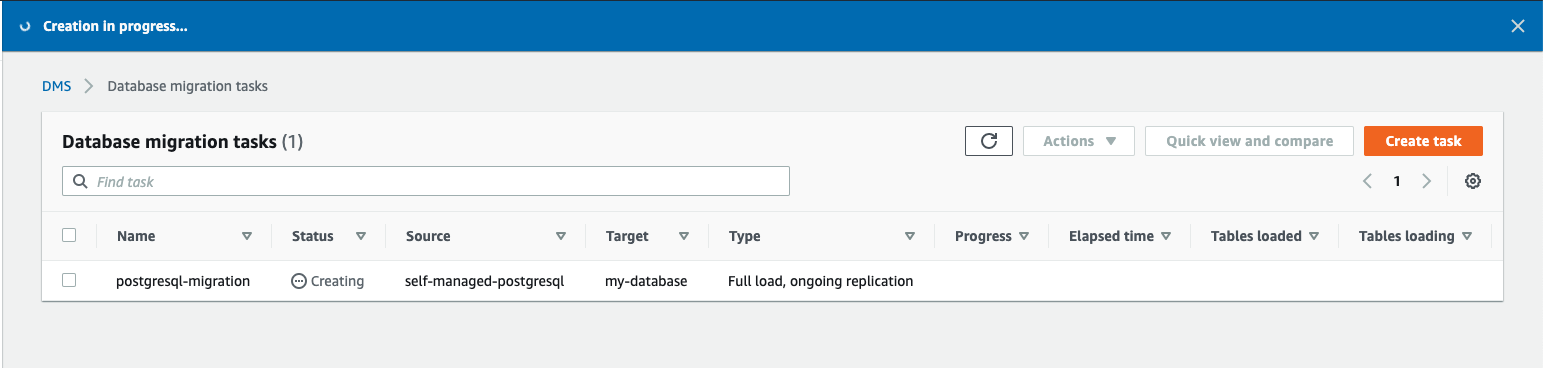 After you create your task, your task is shown with a &quot;Status&quot; of &quot;Creating&quot;