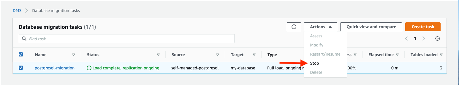 Stop the database migration task