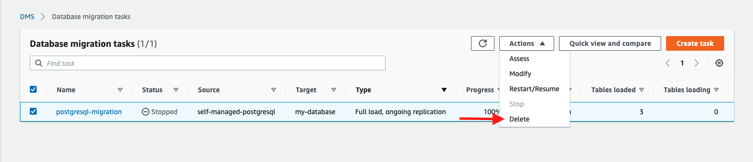 Delete the database migration task