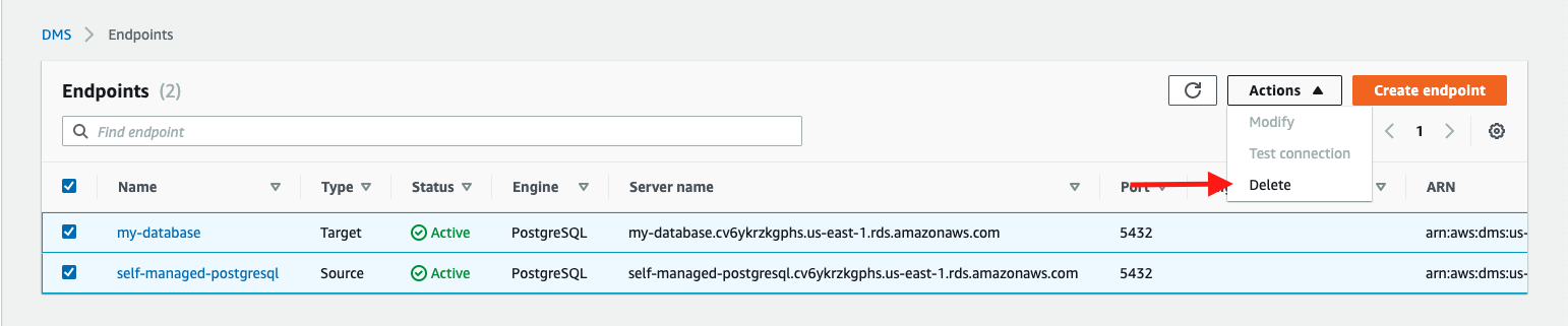 Choose both your source endpoint and your target endpoint, and then choose &quot;Delete&quot;