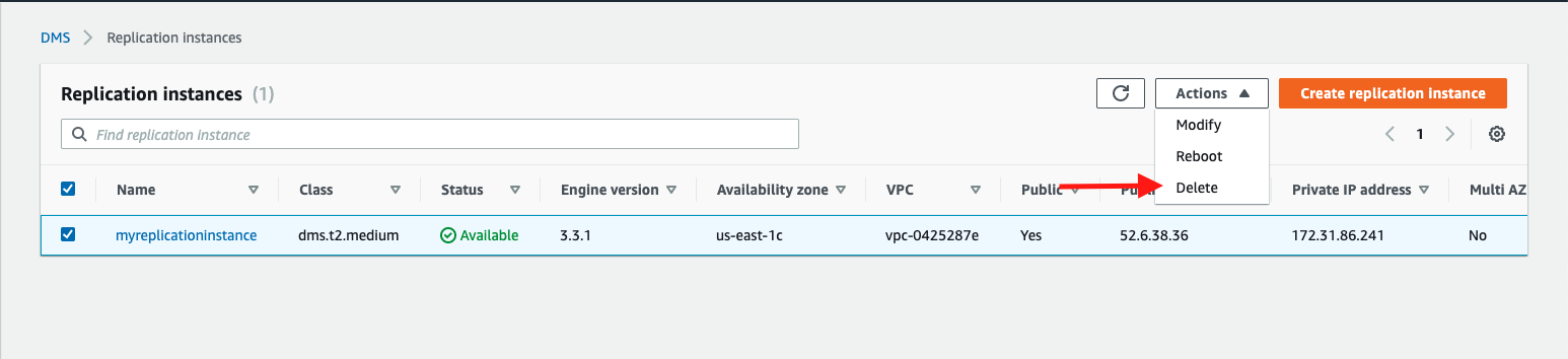 If your replication instance is not being used for any other replication tasks, choose it and then choose &quot;Delete&quot;