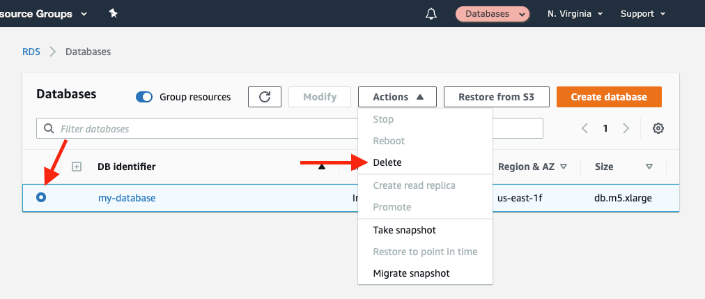 Choose your database instance, and then choose &quot;Delete&quot; from the &quot;Actions&quot; dropdown