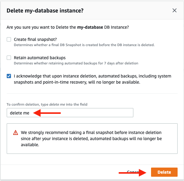 Confirm that you want to delete your database