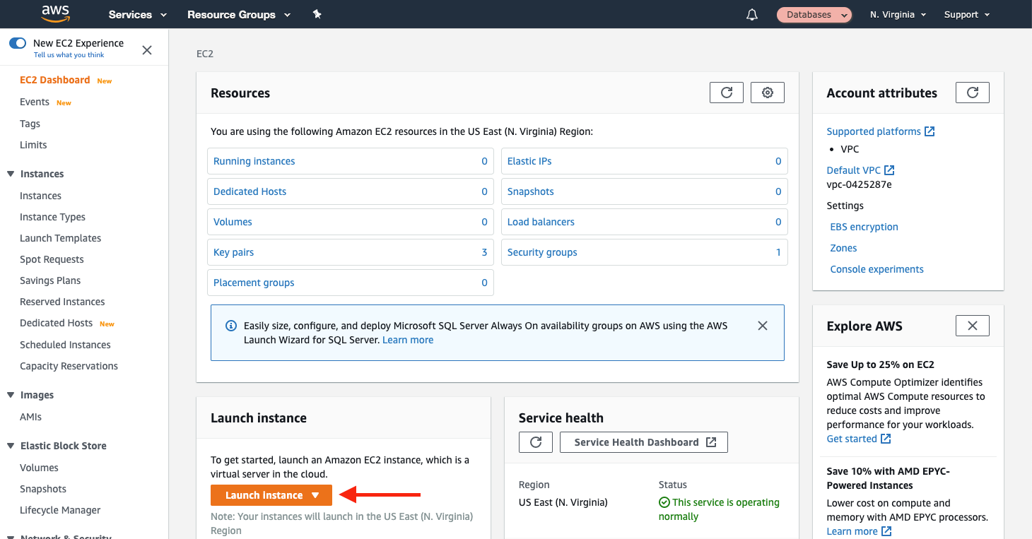 Choose &quot;Launch instance&quot; to start the Amazon EC2 instance creation wizard