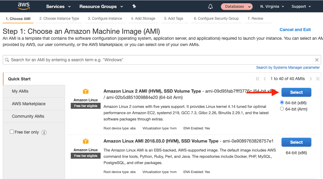 Use the Amazon Linux 2 AMI with the default x86 architecture and choose &quot;Select&quot;