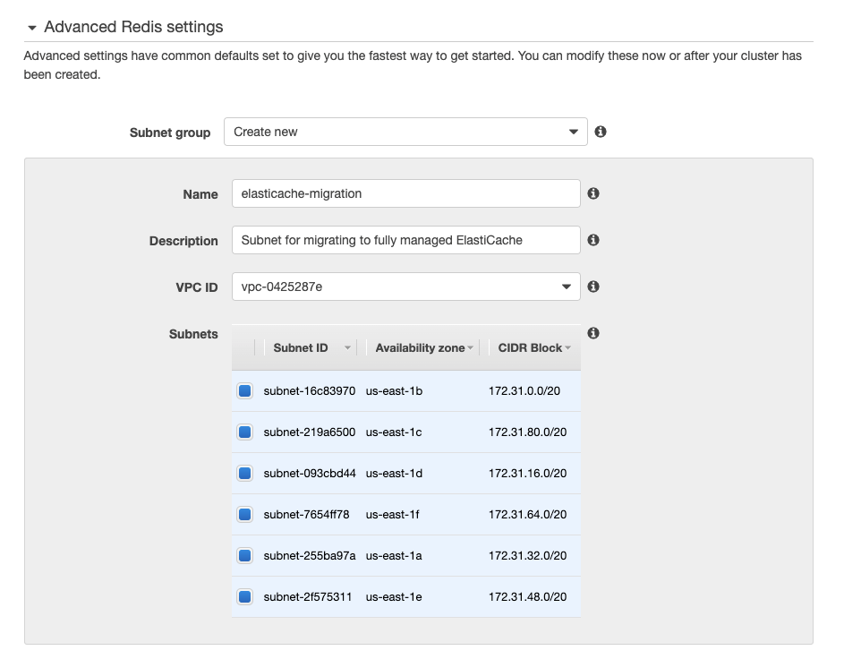 In &quot;Advanced Redis settings&quot;, create a subnet group for your Redis cluster