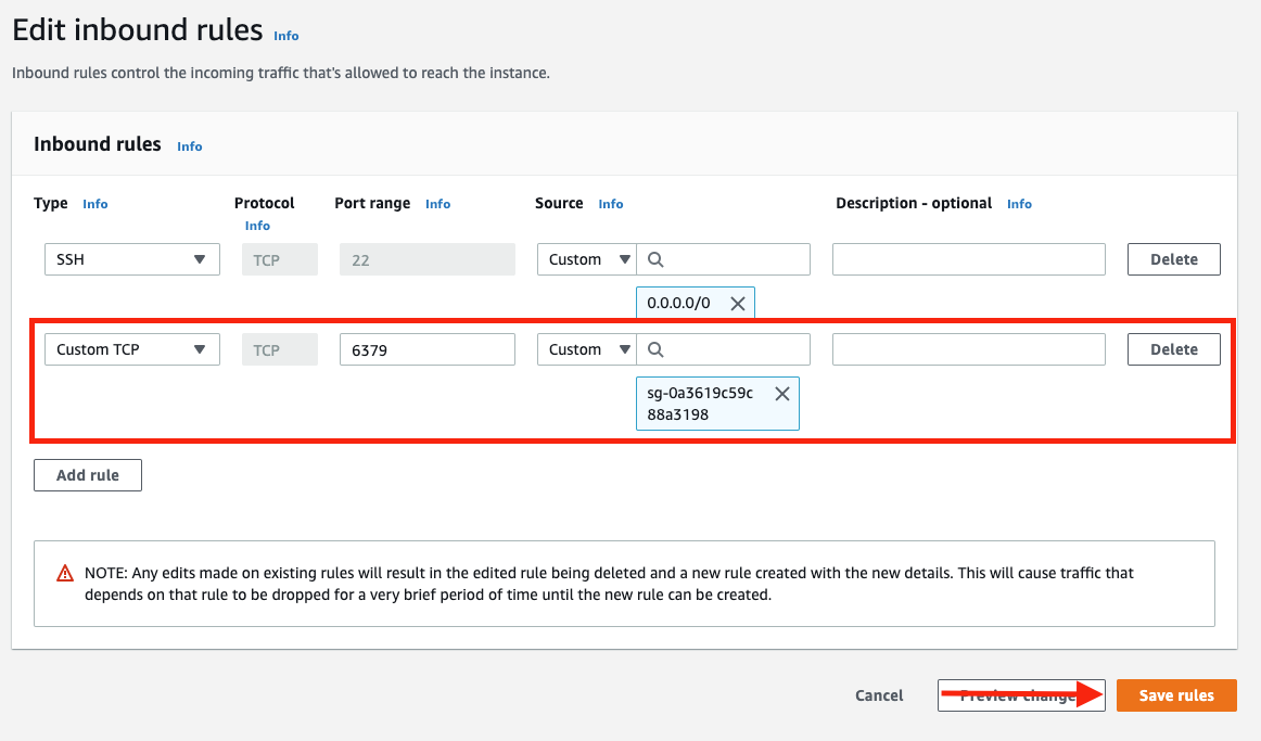 Add an additional inbound rule that allows for TCP traffic on port 6379 for all instances in your security group