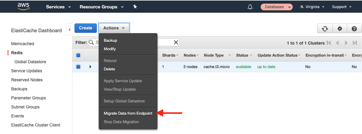 Choose your ElastiCache cluster, and then choose &quot;Migrate Data from Endpoint&quot;