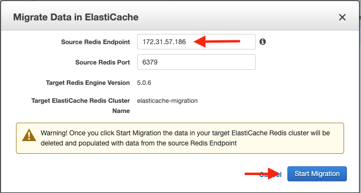 Enter the private IP address of your Amazon EC2 instance as the &quot;Source Redis Endpoint&quot;