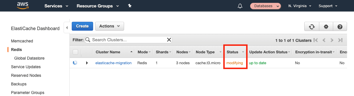 Your Redis cluster shows a &quot;Status&quot; of &quot;modifying&quot; to indicate it is being added to your existing cluster