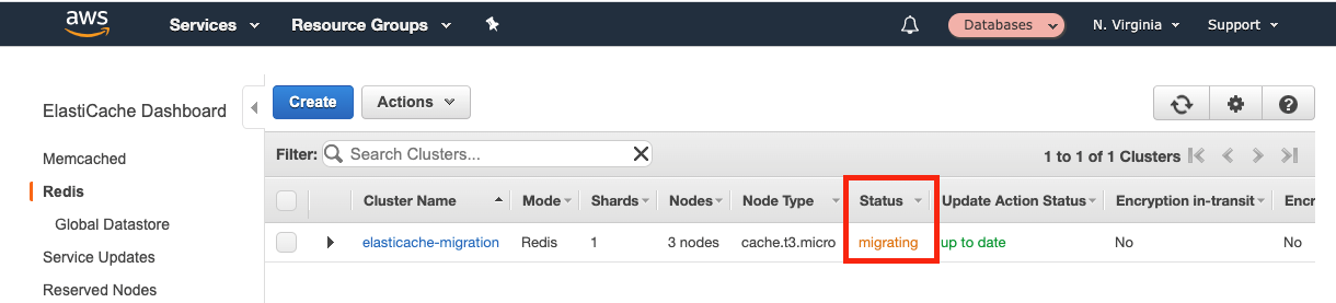 After your ElastiCache cluster has successfully connected to your existing Redis instance, you should see a &quot;Status&quot; of &quot;migrating&quot;