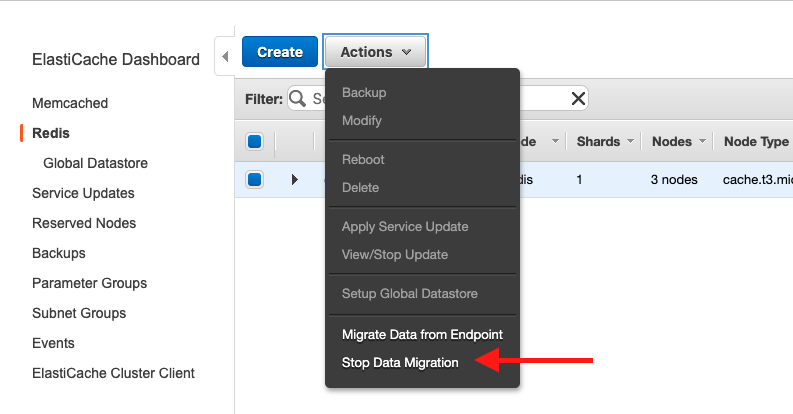 Choose your ElastiCache cluster in the console, and then choose &quot;Stop Data Migration&quot;