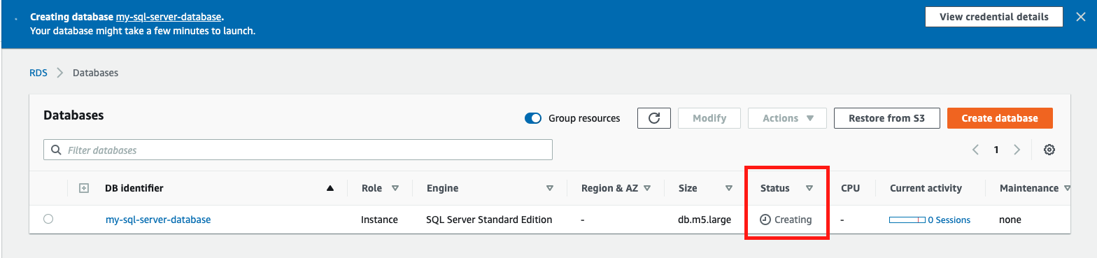 As Amazon RDS is provisioning your infrastructure, the &quot;Status&quot; of your database is &quot;Creating&quot;