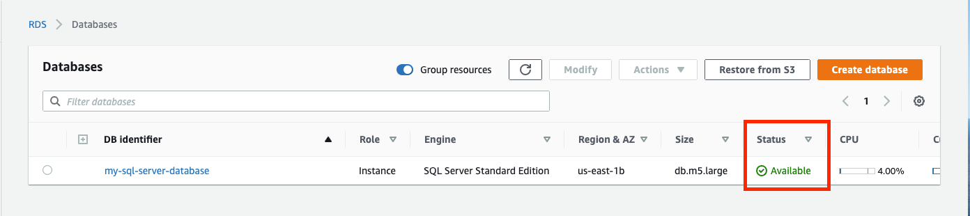 When your database is ready to use, its &quot;Status&quot; is &quot;Available&quot;