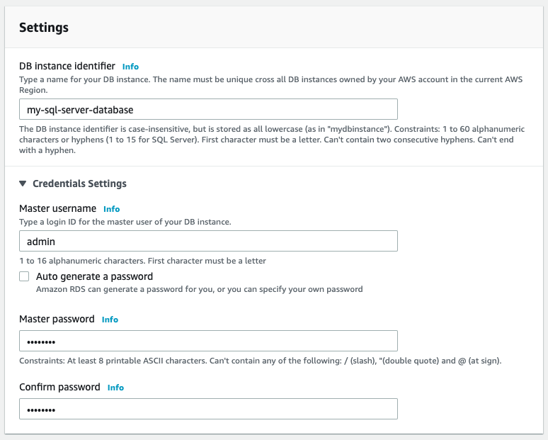 Give your database a name, and set the master username and password