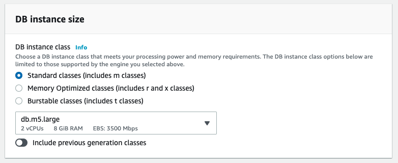 Choose the database instance size