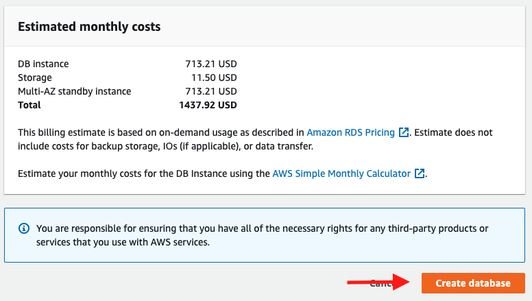 Choose &quot;Create database&quot; to create your database instance