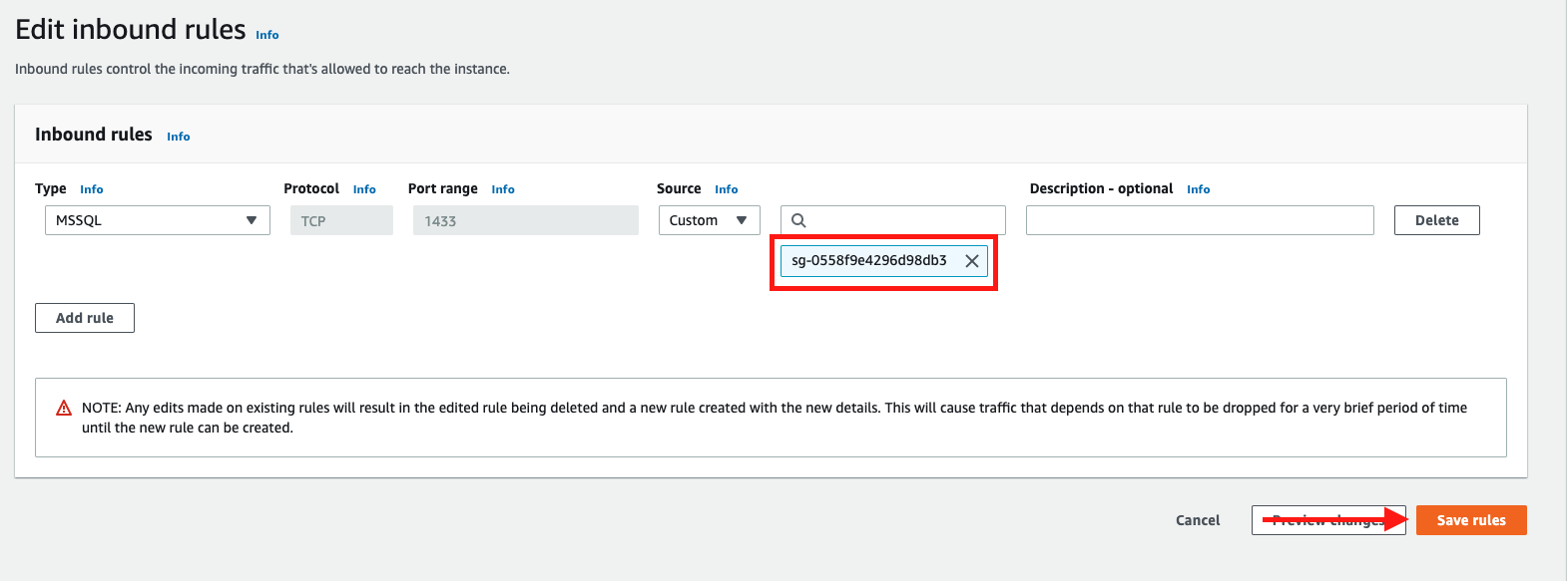 Remove the existing IP address and enter the name of the security group used for your Amazon RDS database instance and replication instance