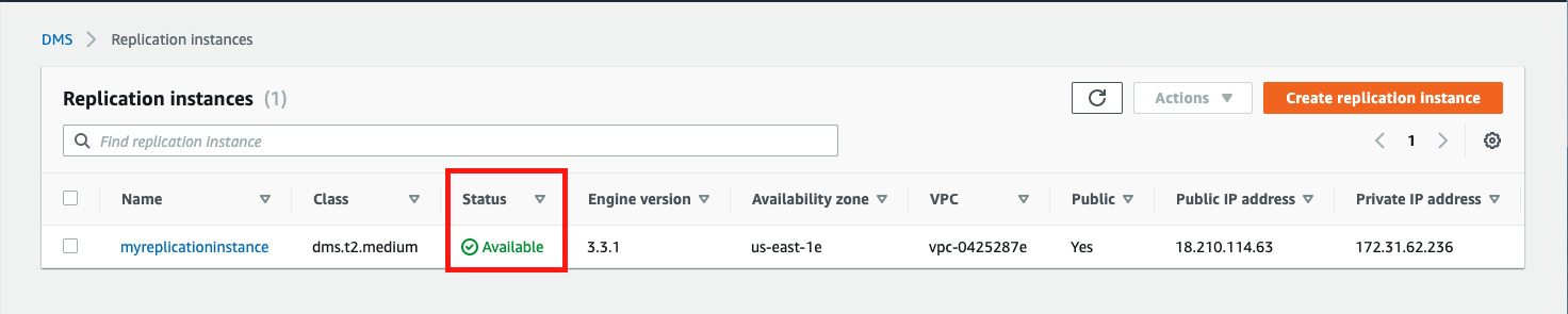 When your replication instance is ready to go, its &quot;Status&quot; is &quot;Available&quot;