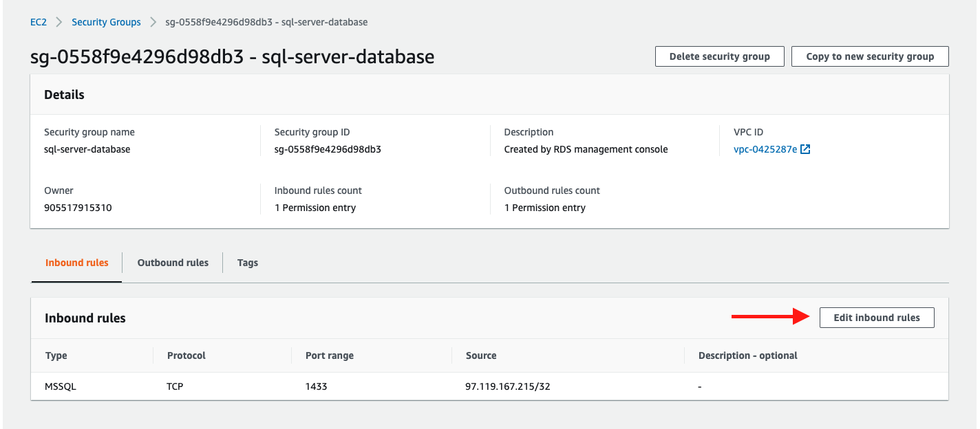 Choose &quot;Edit inbound rules&quot; for your security group