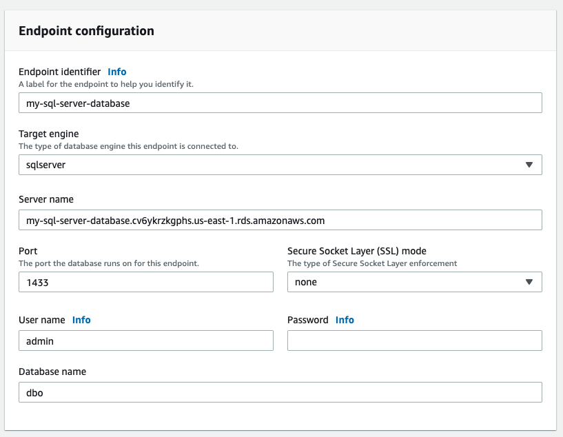 Enter your password and a database name near the bottom of the section