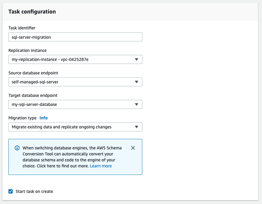 In the &quot;Task configuration&quot; section, set up the parameters of your replication task