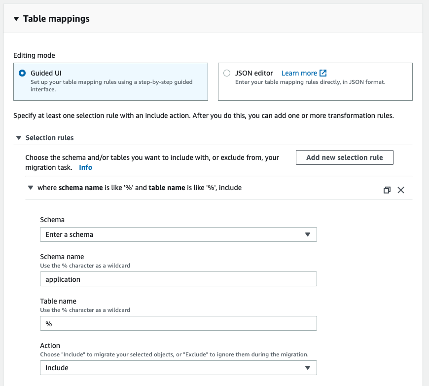 In the &quot;Table mappings&quot; section, tell AWS DMS which tables to copy