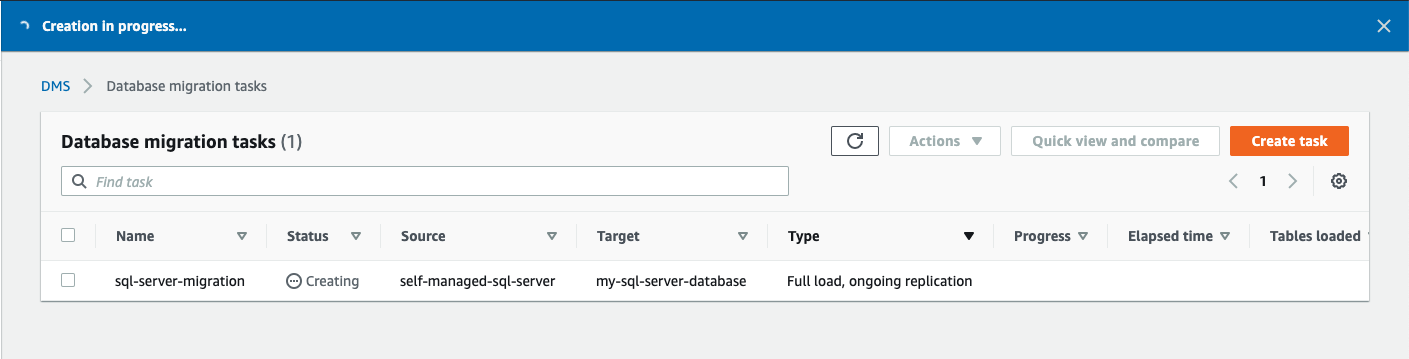 After you create your task, your task is shown with a &quot;Status&quot; of &quot;Creating&quot;