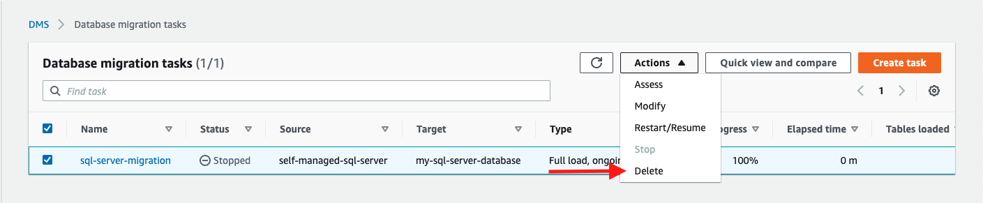 Delete the database migration task