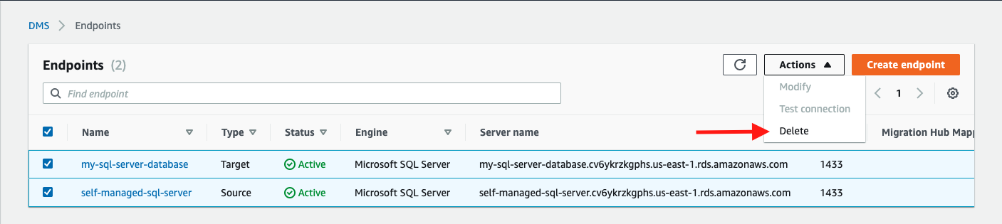 Choose both your source endpoint and your target endpoint, and then choose &quot;Delete&quot;