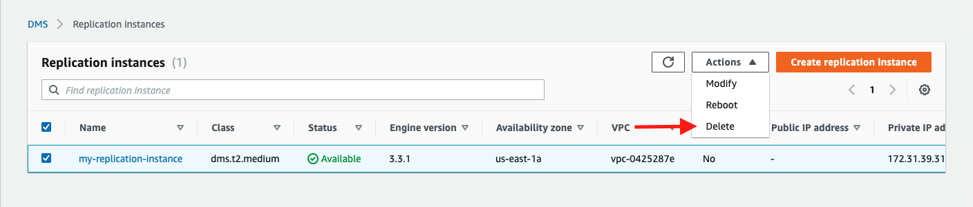 If your replication instance is not being used for any other replication tasks, choose it and then choose &quot;Delete&quot;