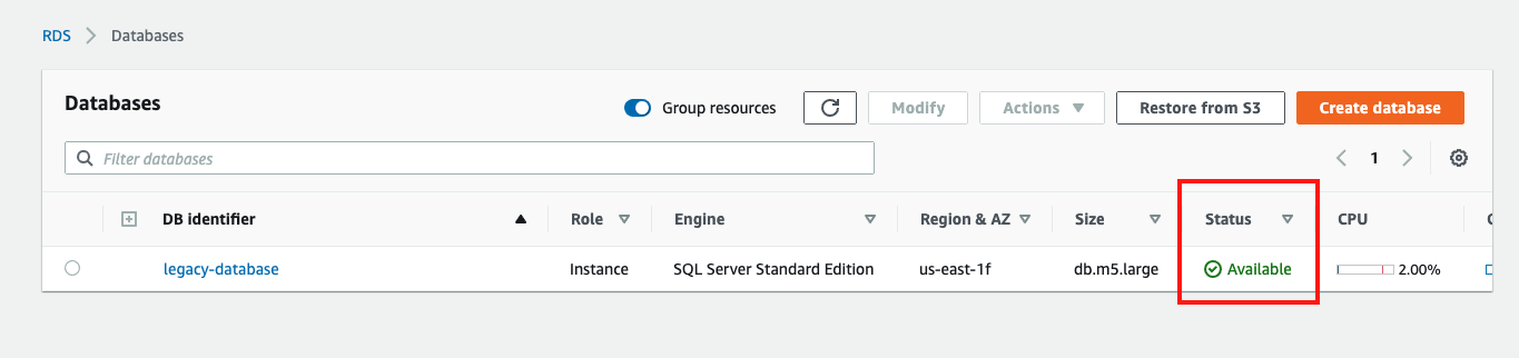 When your database is ready to use, its &quot;Status&quot; is &quot;Available&quot;