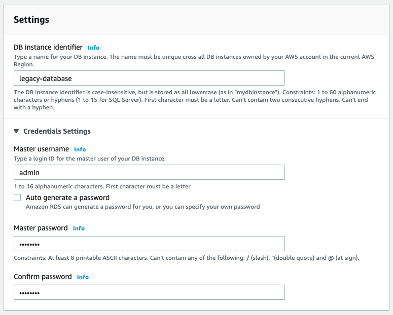 Give your database a name and set the master username and password