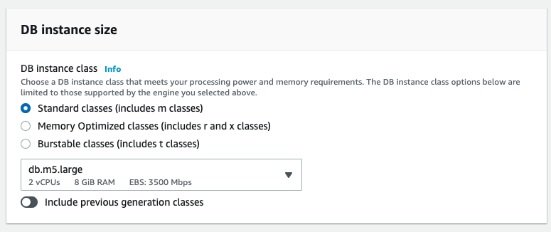 Choose the db.m5.large instance class for your instance