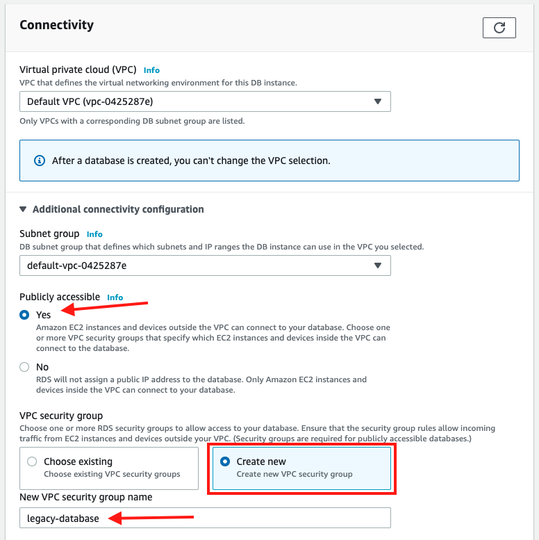 Specify the Amazon VPC, network subnet, and security groups