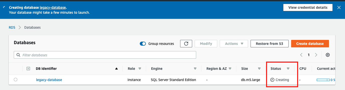 As Amazon RDS is provisioning your infrastructure and initializing your database, the &quot;Status&quot; of your database is &quot;Creating&quot;