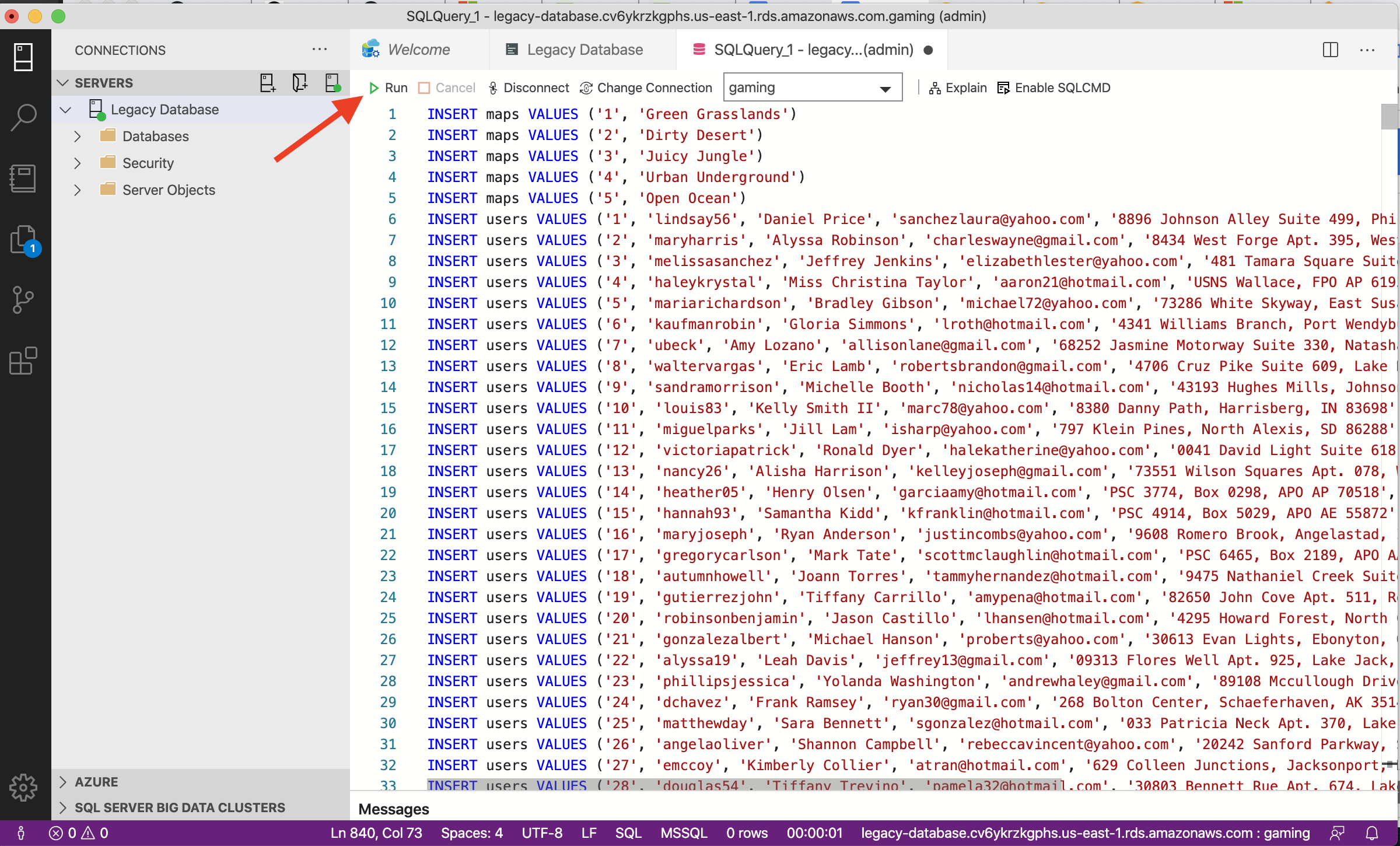 Replace the contents of the query window with the contents from the insert_data.sql file