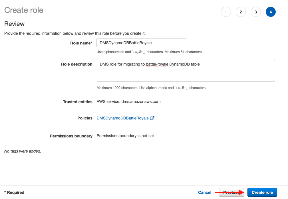 Give your IAM role a name and description, and then choose &quot;Create role&quot;