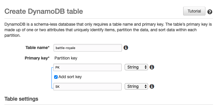 Name your table and specify the primary key