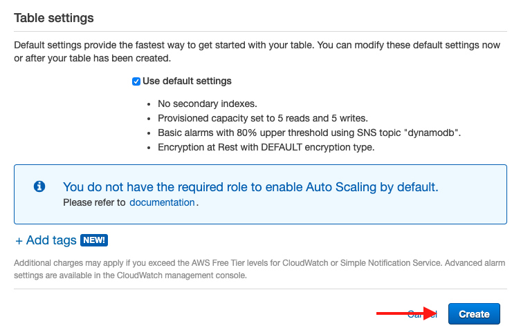 Use the default settings and create your table