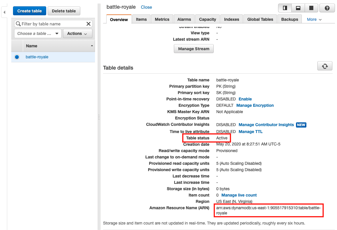 The DynamoDB console shows the details of your table with a &quot;Table status&quot; of &quot;Active&quot;