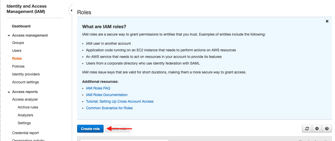 Choose &quot;Create role&quot; to start the IAM role-creation wizard