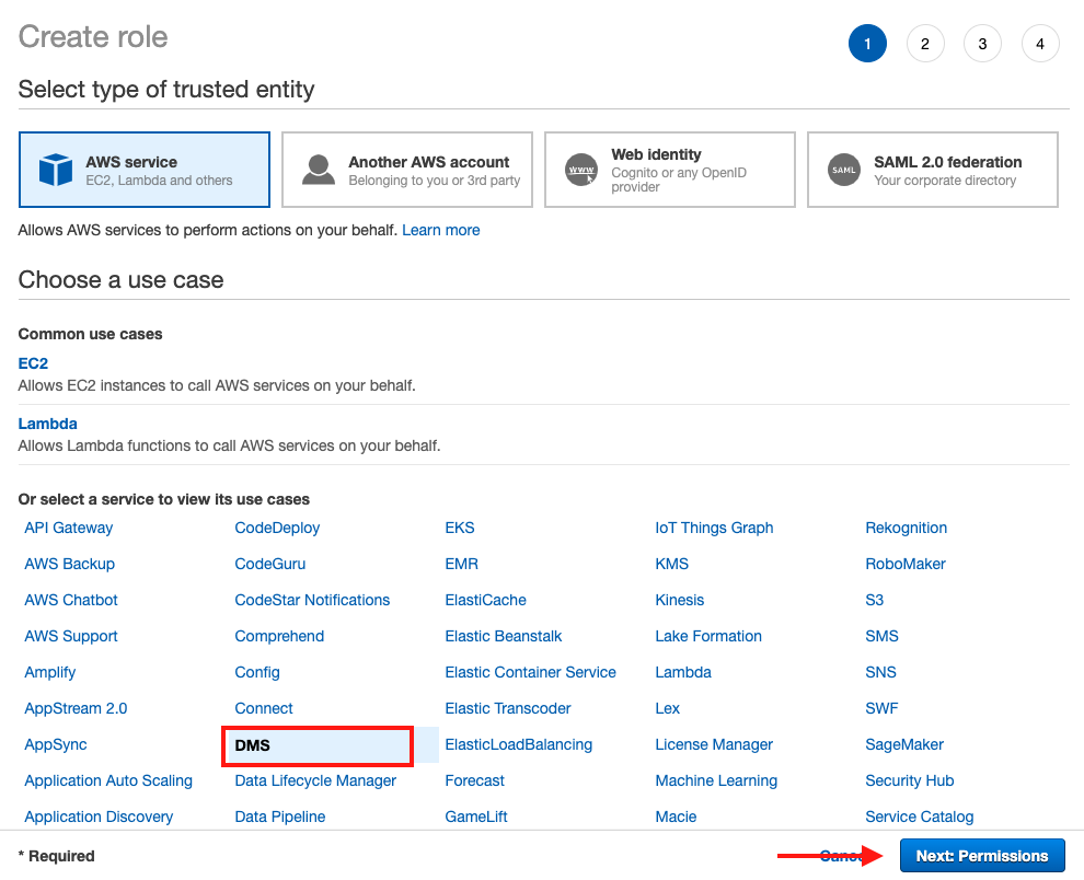 Create a service role that can be used by AWS DMS