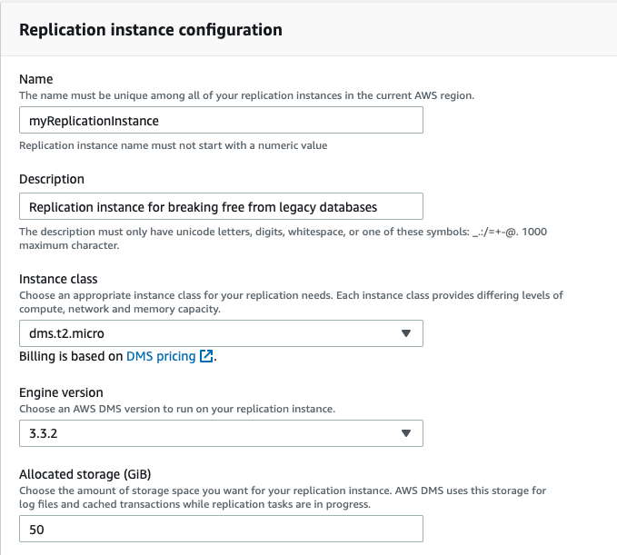 Give your replication instance a name and description, and choose your instance class