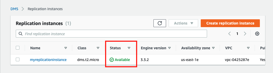 When your replication instance is ready to go, its &quot;Status&quot; is &quot;Available&quot;