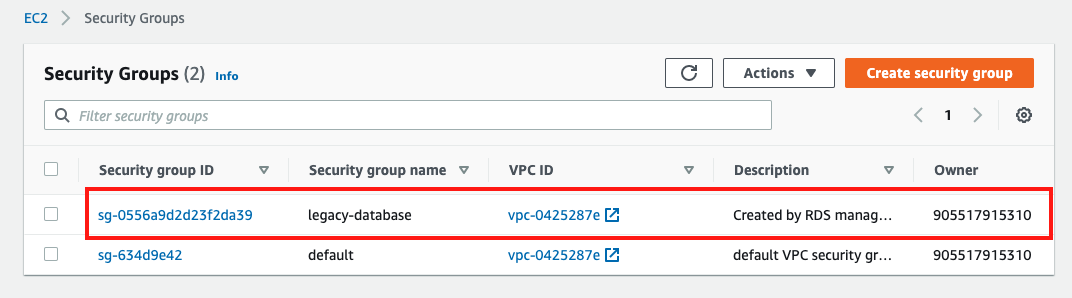 Find the security group you attached to your SQL Server database instance and your replication instance, and choose it