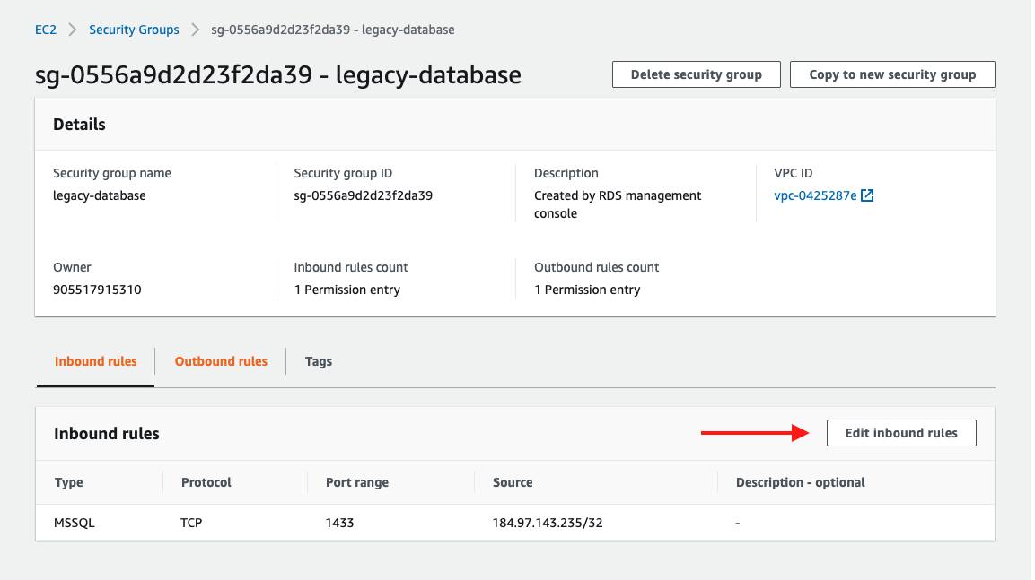 Choose to &quot;Edit inbound rules&quot; for your security group