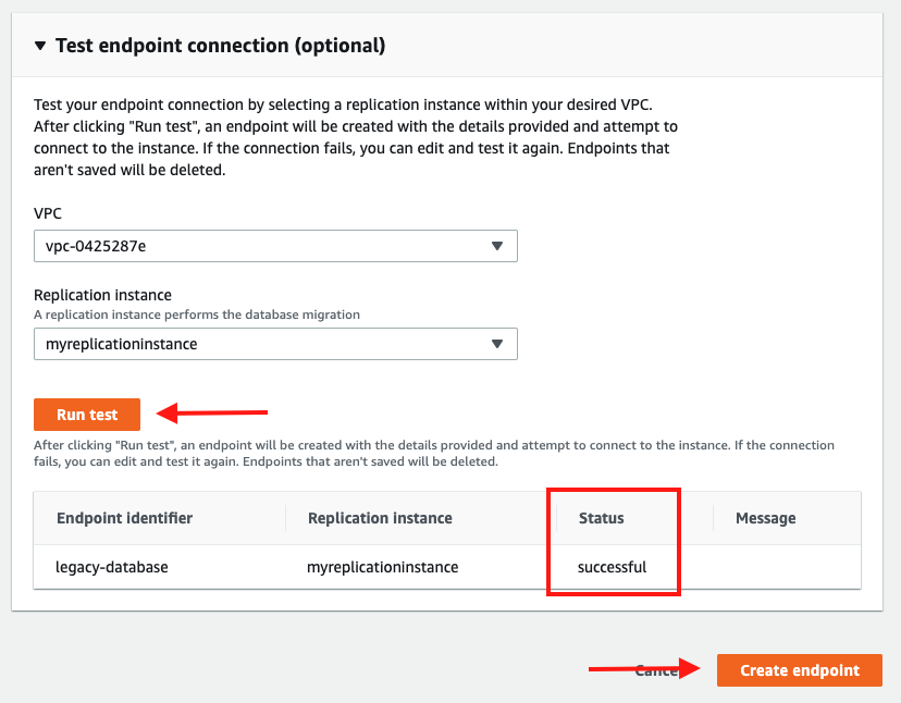 Test the endpoint connection to ensure it was configured correctly