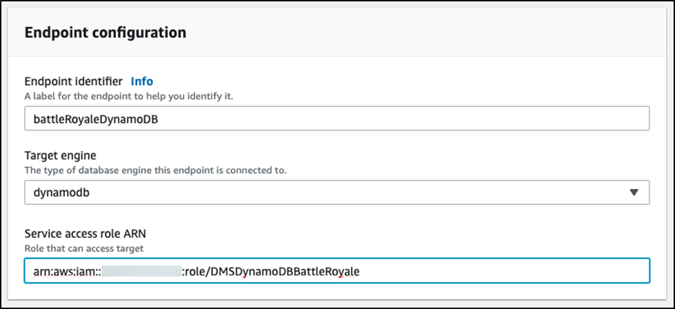 Give your endpoint a name, and choose &quot;dynamodb&quot; for the &quot;Target engine&quot;