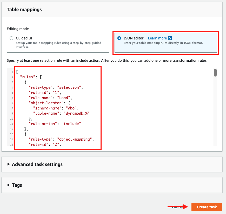 Tell AWS DMS which tables you want to copy over and how to map them to your target database